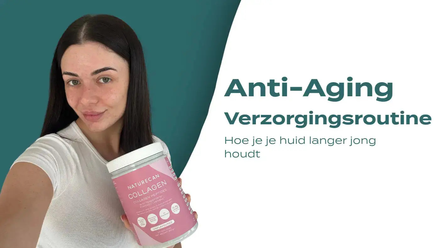 Brunette vrouw die collageenpeptiden van Naturecan vasthoudt