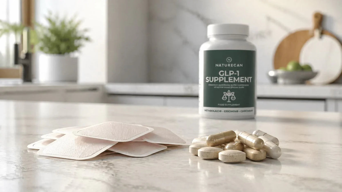 GLP-1 supplement naast pleisters en capsules.