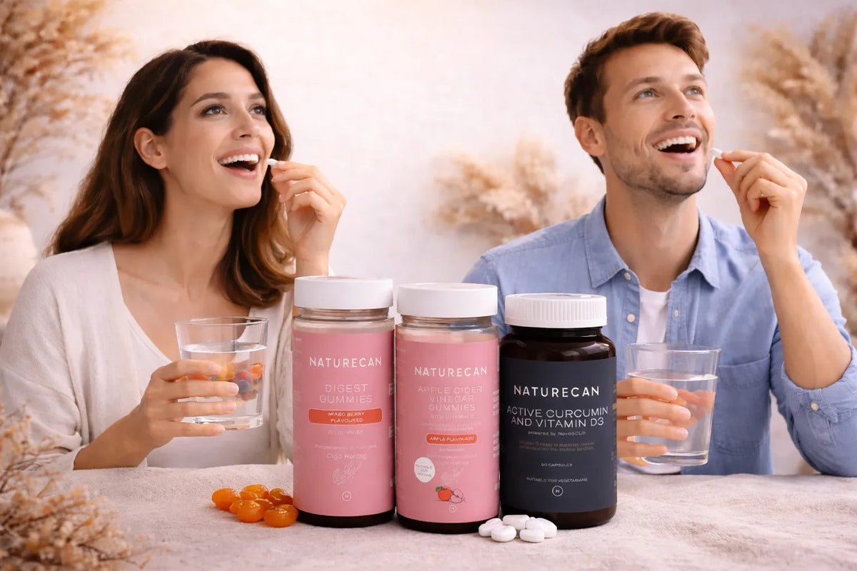Twee mensen met Naturecan probiotische supplementen.