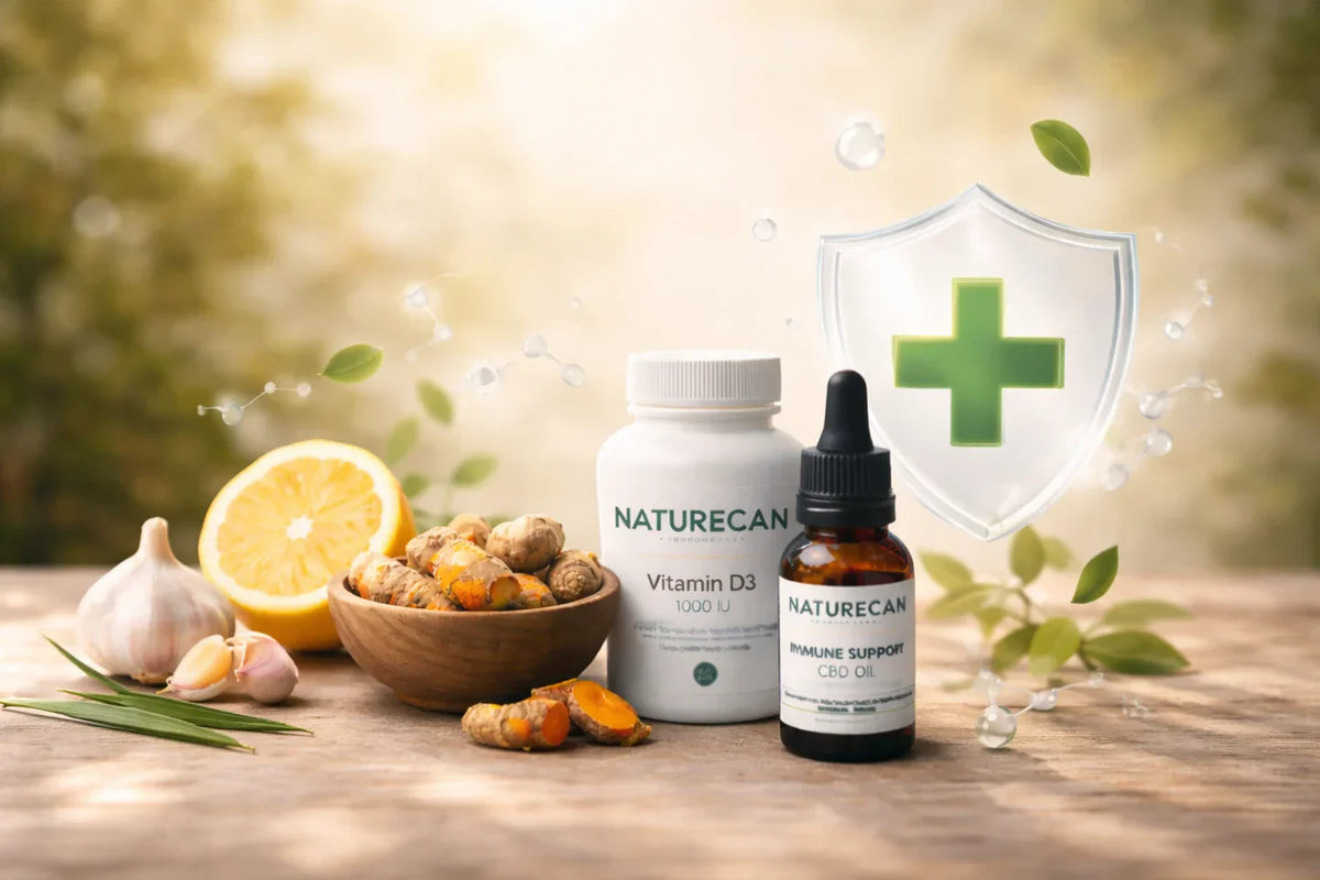Supplementen met citrus, knoflook en een groen kruissymbool.