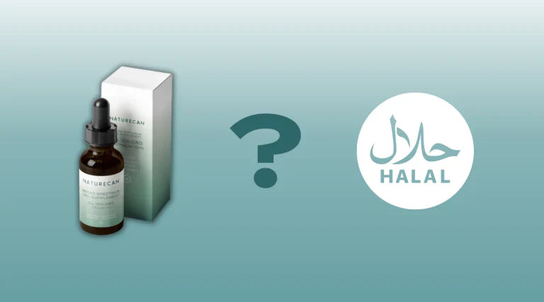 CBD olie flesje naast een halal symbool en vraagteken.