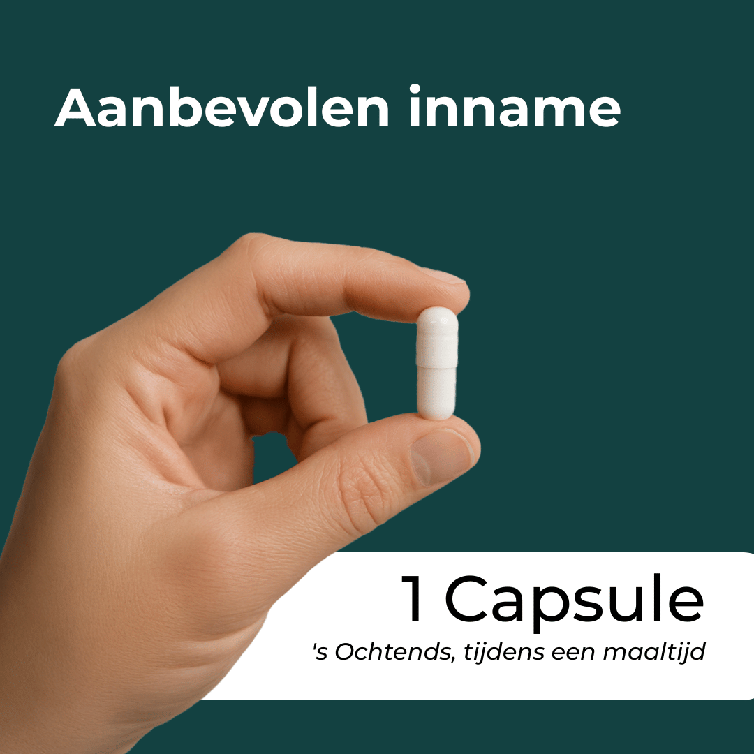 Hand houdt een witte capsule vast met de tekst