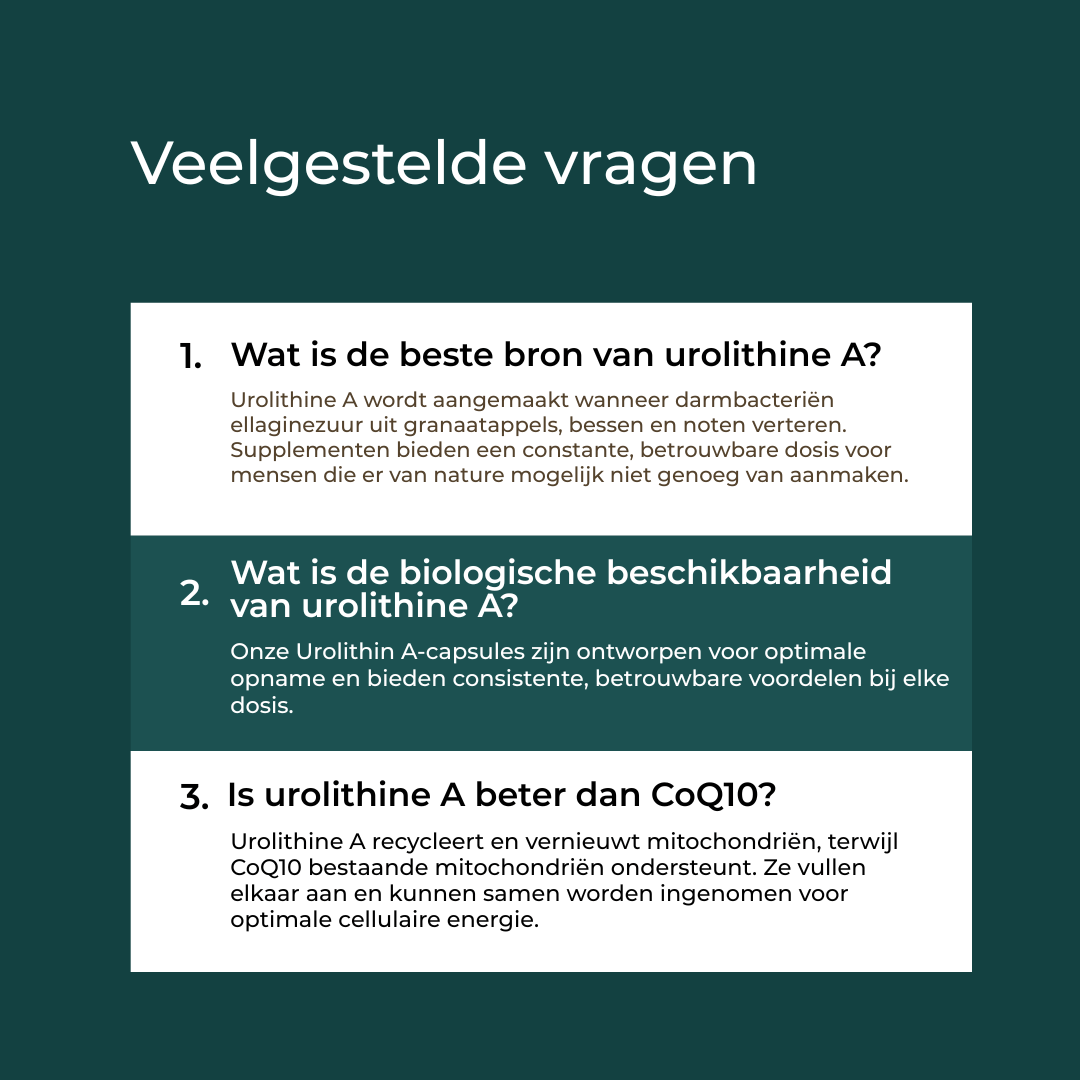 Vragen over Urolithin A, inclusief de beste bronnen en biologische beschikbaarheid van het supplement.