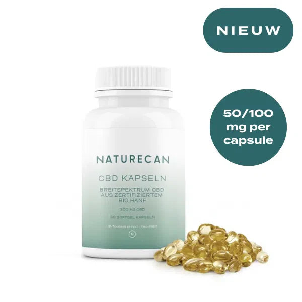 NATURECAN CBD Kapseln met een witte fles en gouden capsules, met tekst