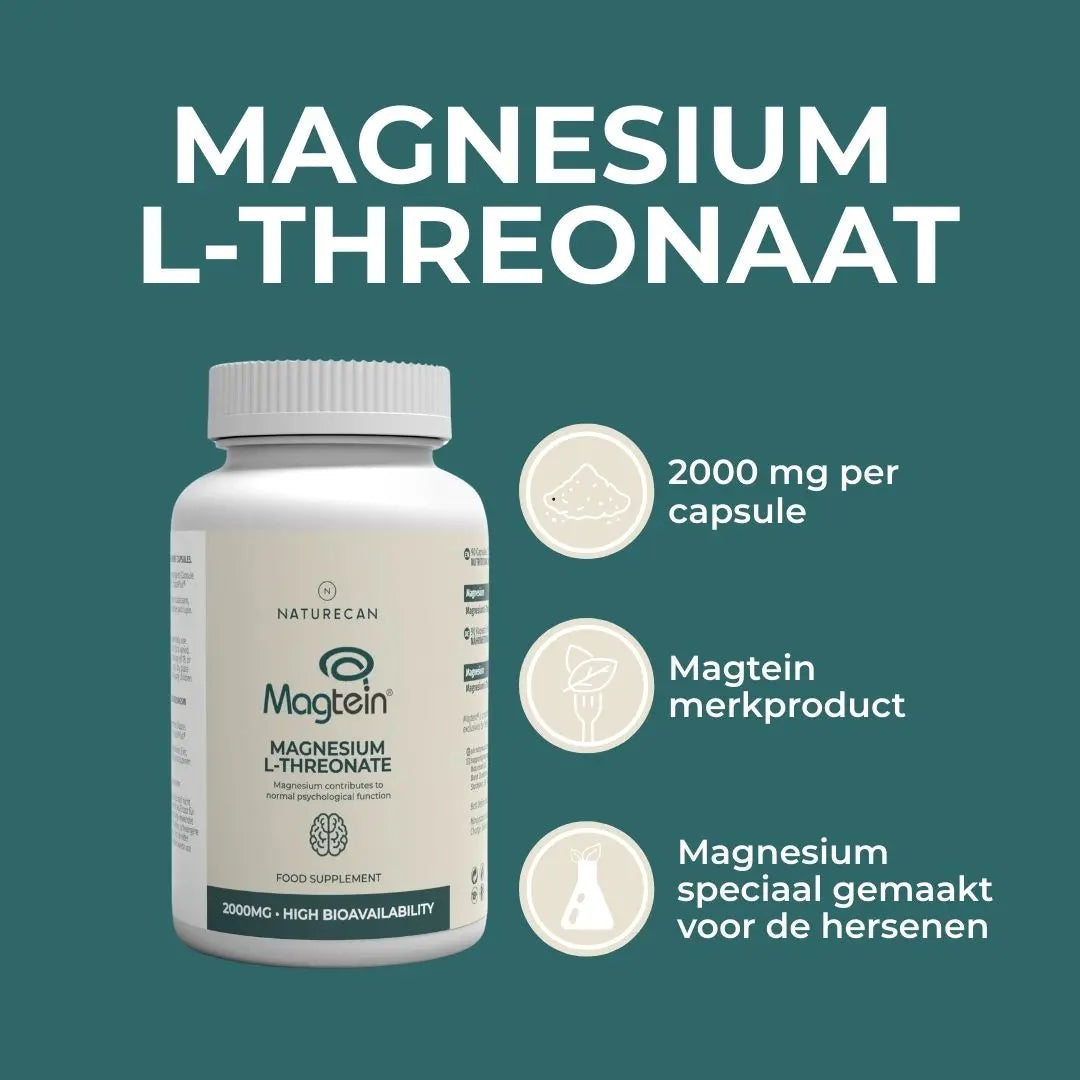 Witte fles Naturecan Magnesium L-Threonate van Magtein met 2000 mg per capsule en hoge biologische beschikbaarheid.