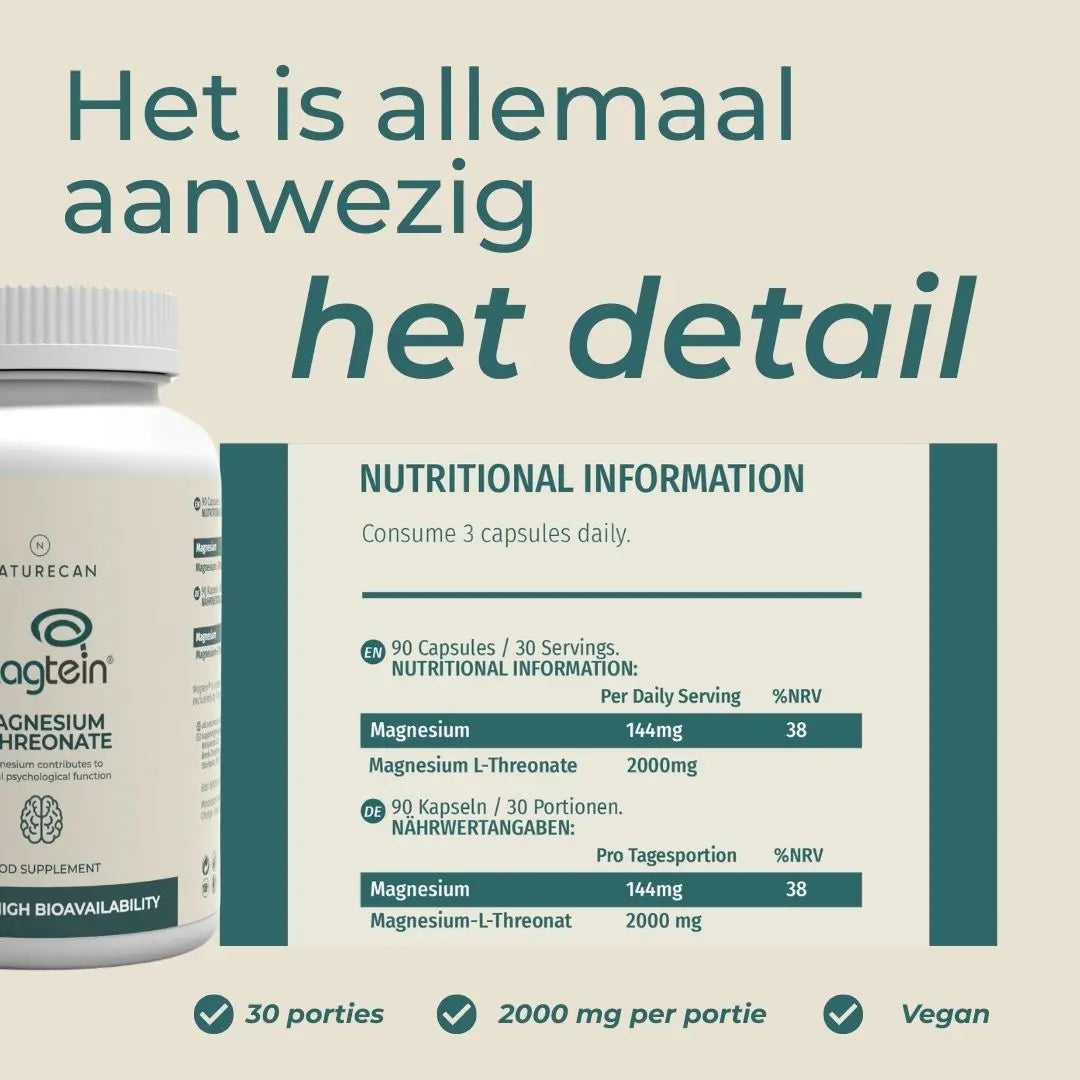 Witte fles Magnesium threonaat van Magtein met voedingsinformatie en aanbevolen dosering van 3 capsules per dag.