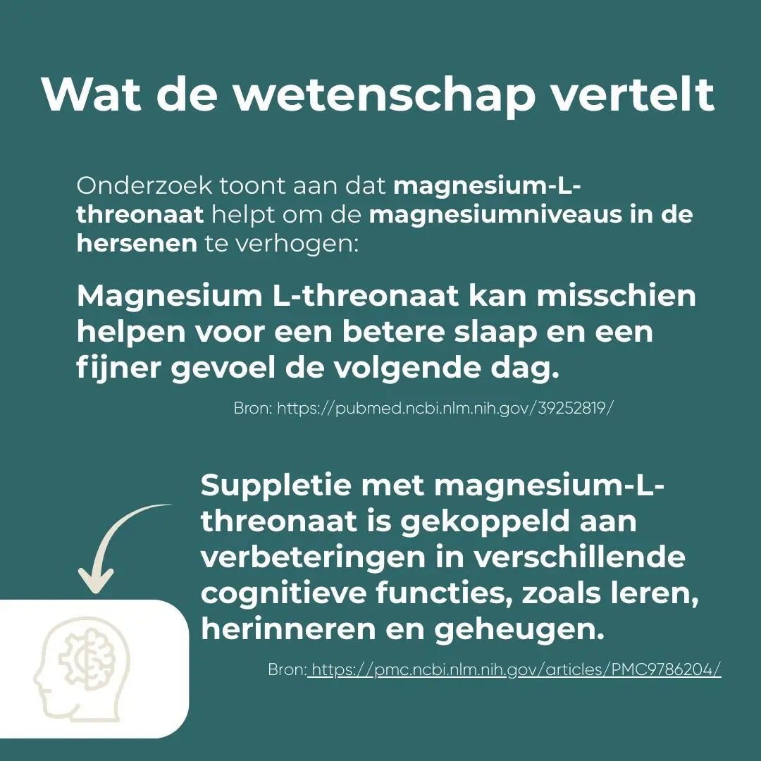 Tekst over de voordelen van magnesium-L-threonaat voor slaap en cognitieve functies op een groene achtergrond.
