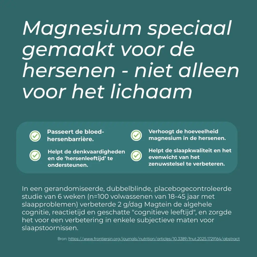 Tekst over magnesium speciaal voor de hersenen met voordelen zoals verbeterde slaapkwaliteit en denkvaardigheden.
