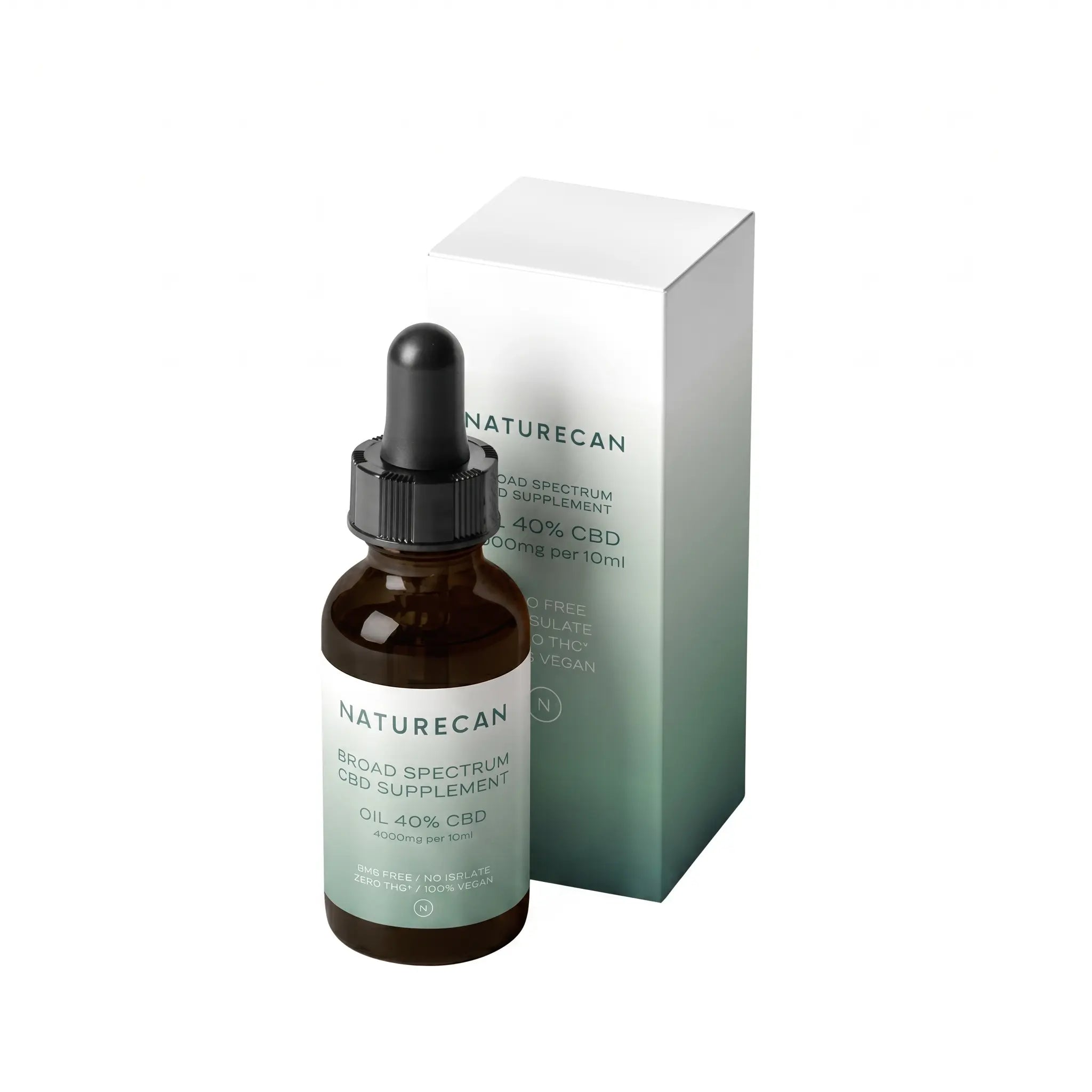 Flesje NATURECAN CBD Olie 40% (4000mg) met pipet voor een doosje met productinformatie.