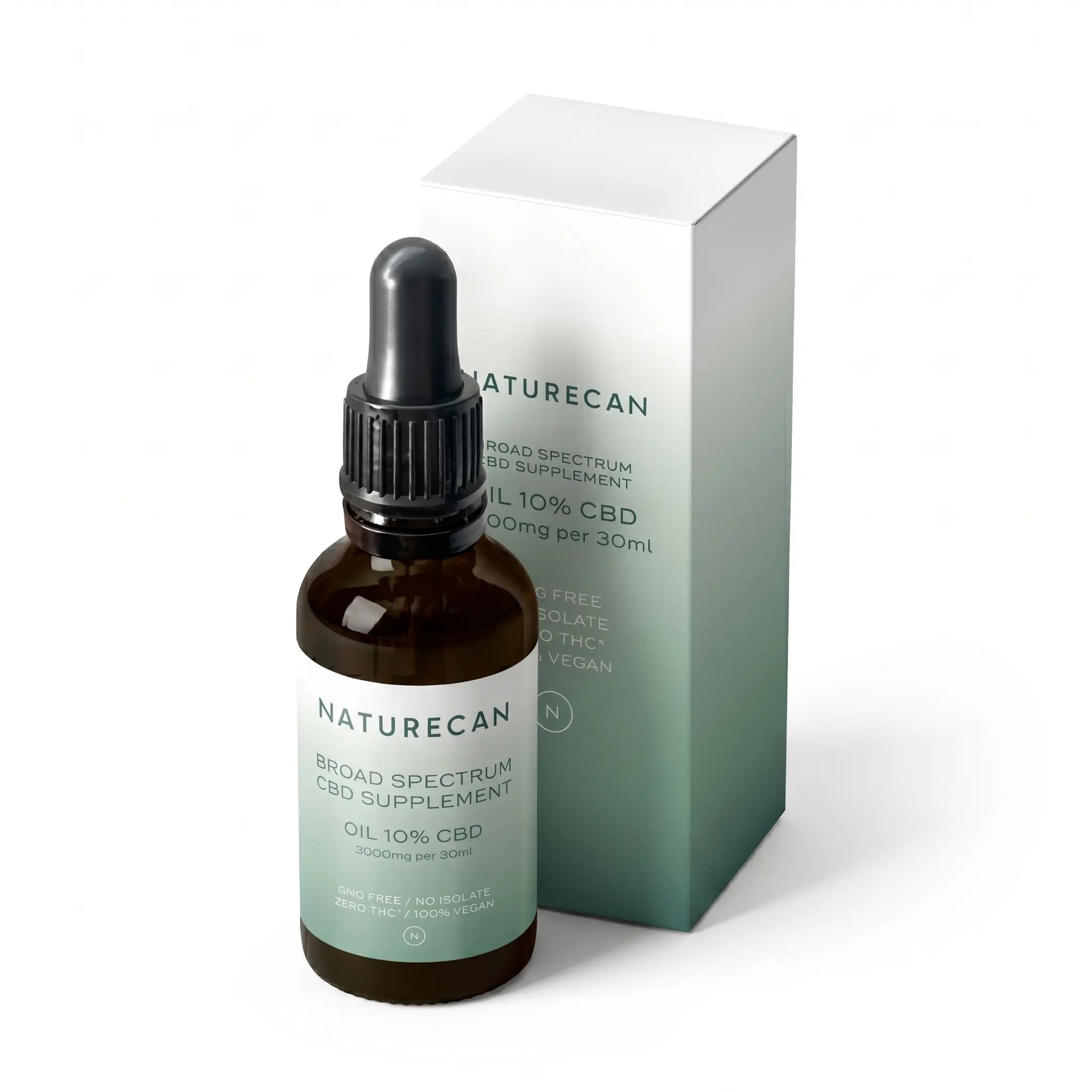 Flesje NATURECAN CBD Olie 10% (1000mg) met pipet voor een doosje met productinformatie.