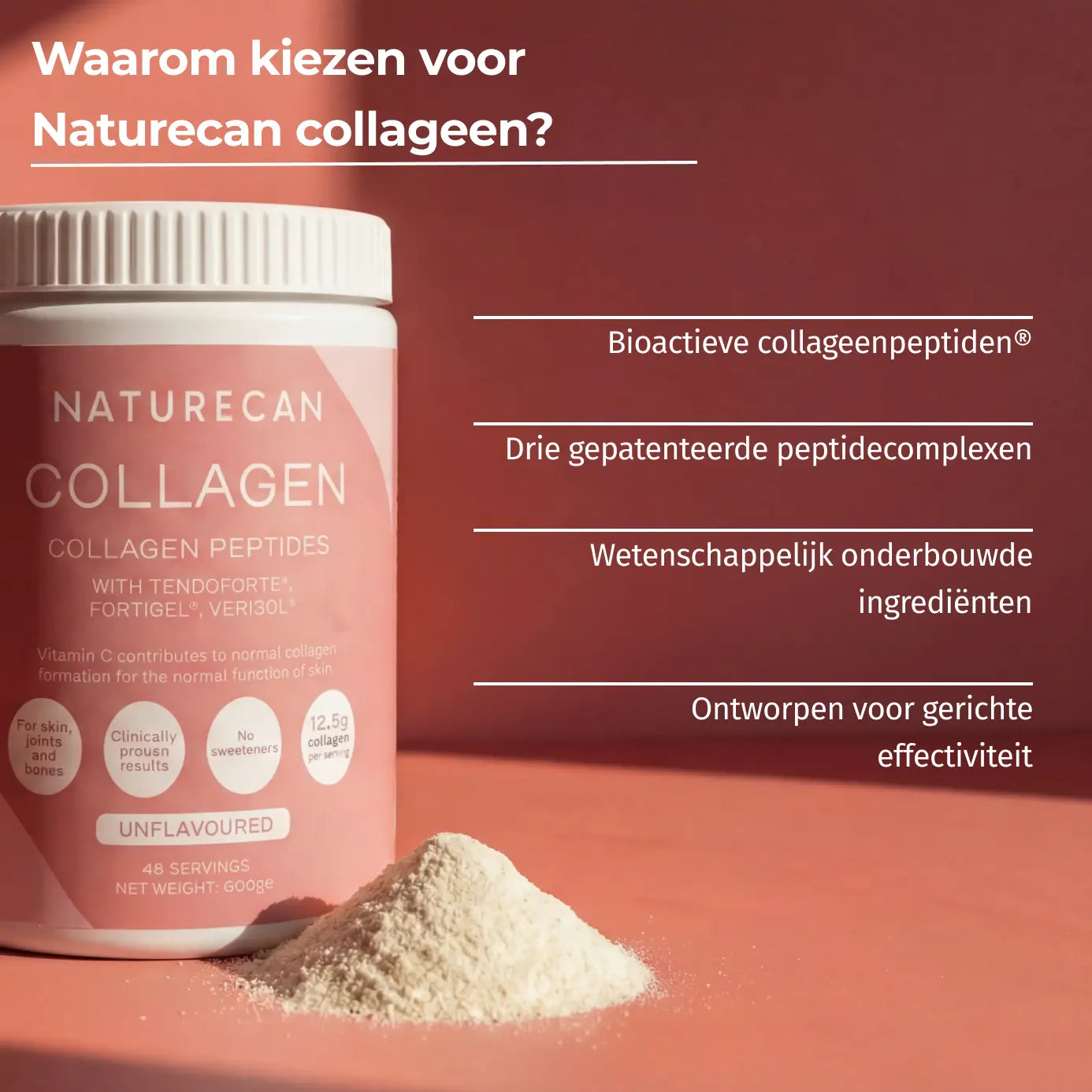 Collageen Peptiden Poeder van NATURECAN met een roze label en een hoopje poeder op een rode achtergrond.