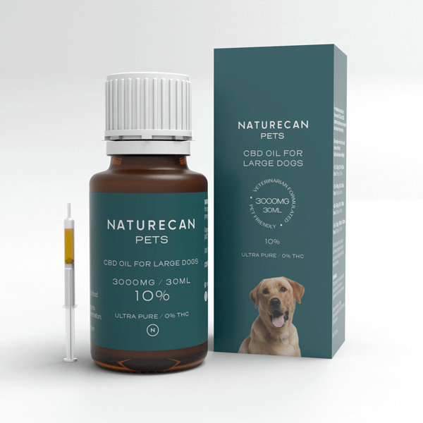 CBD Olie voor Honden van Naturecan met een spuit en verpakking die een labrador afbeeldt en '3000mg/30ml' vermeldt.