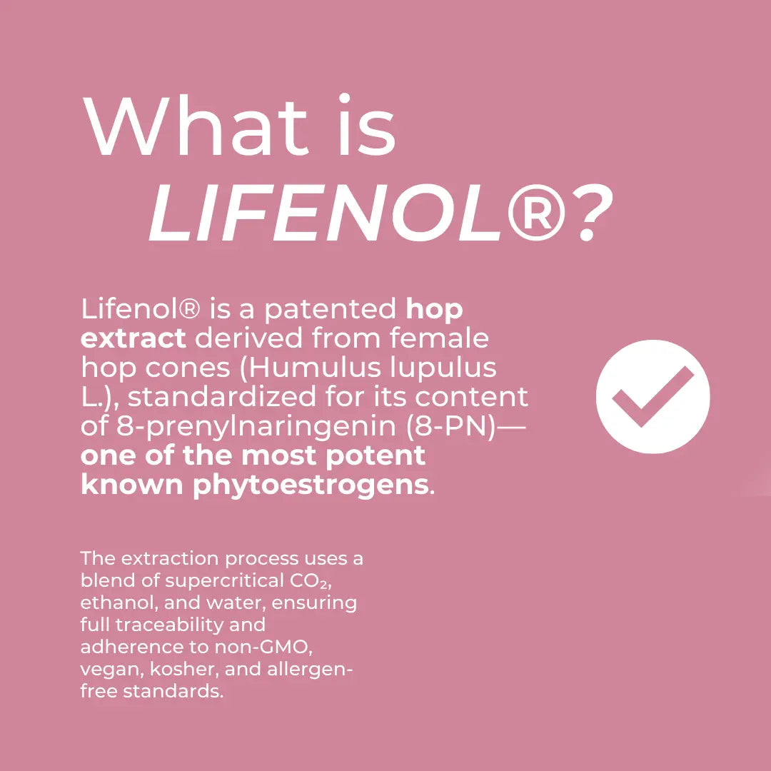 Roze achtergrond met tekst over Lifenol als hopextract en een vinkje in een witte cirkel.