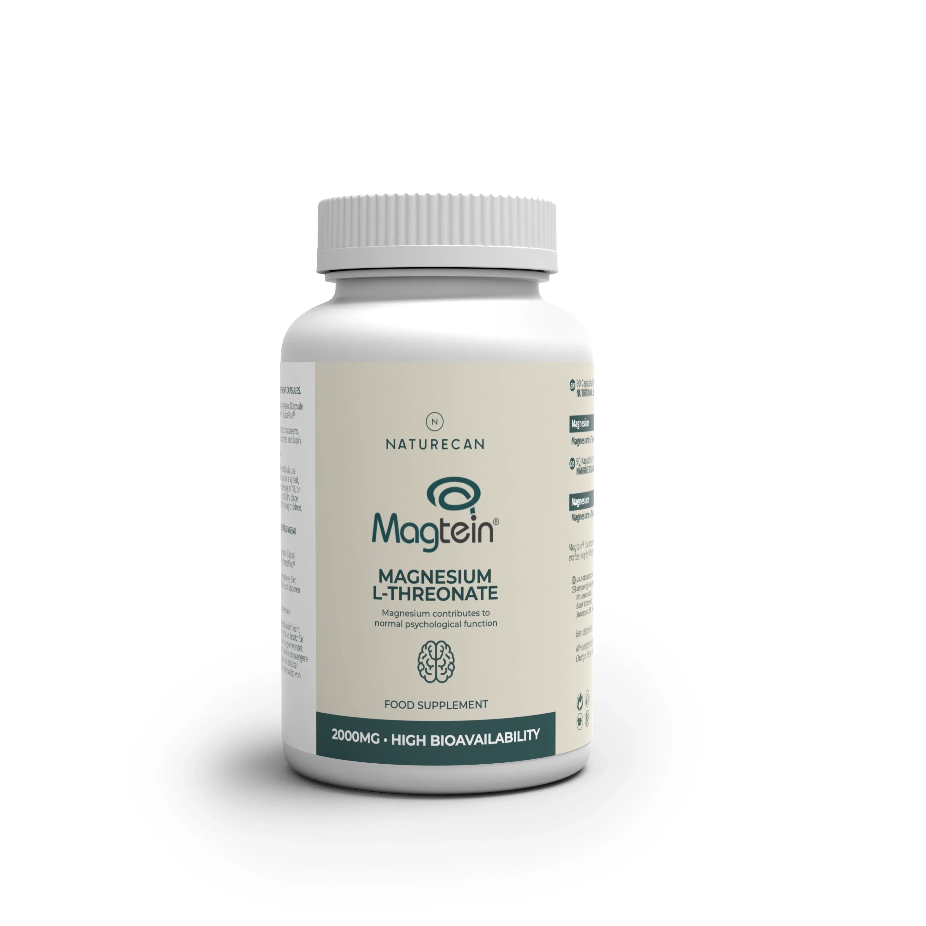 Witte fles met Naturecan Magnesium L-Threonate, 2000 mg en hoge biologische beschikbaarheid op het etiket.