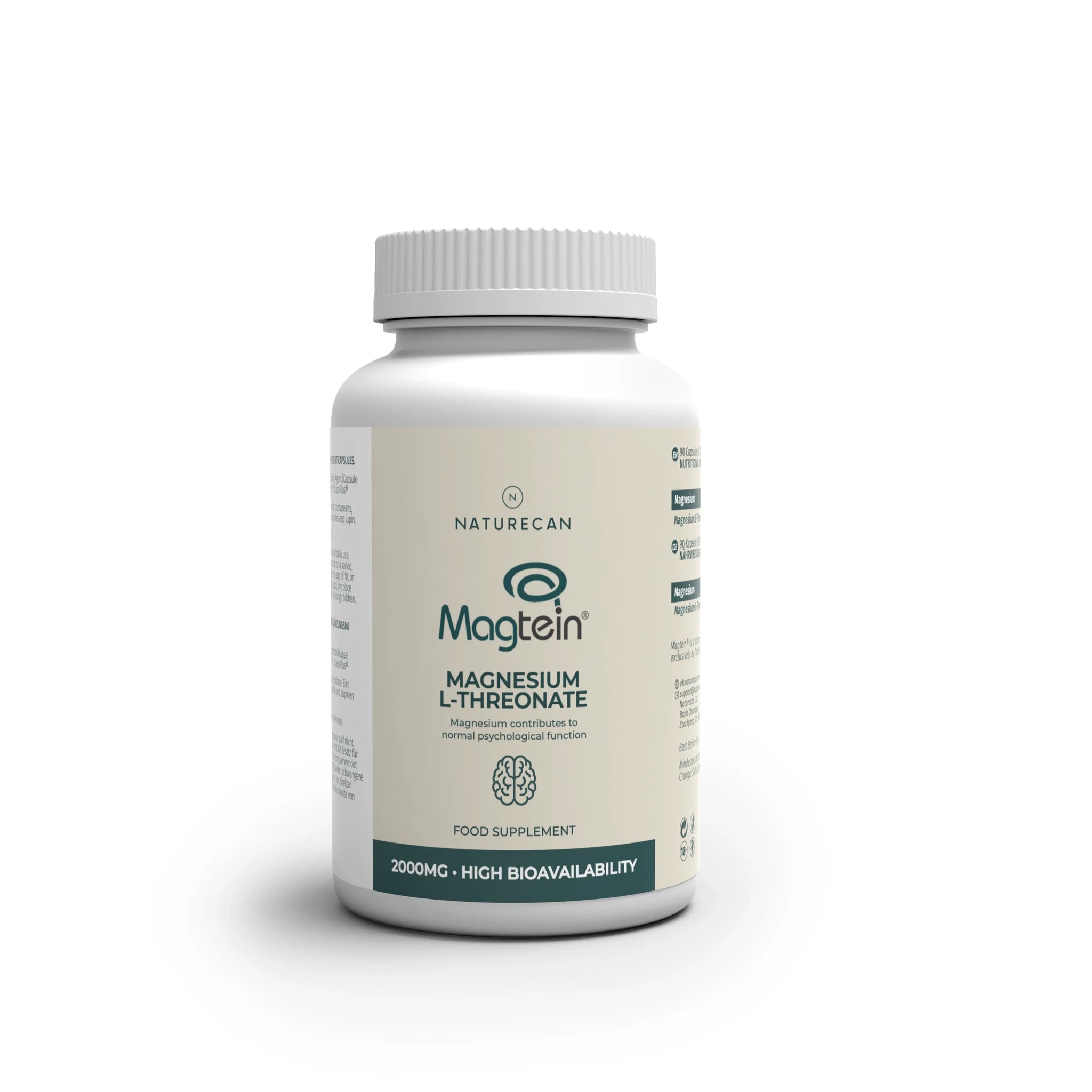 Witte fles met Naturecan Magnesium L-Threonate, 2000 mg en hoge biologische beschikbaarheid op het etiket.