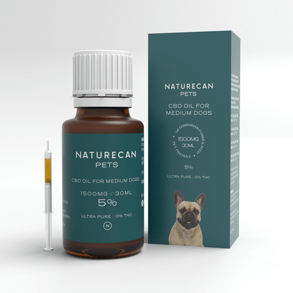 CBD Olie voor Honden van Naturecan met een injectiespuit en verpakking waarop een Franse bulldog staat.