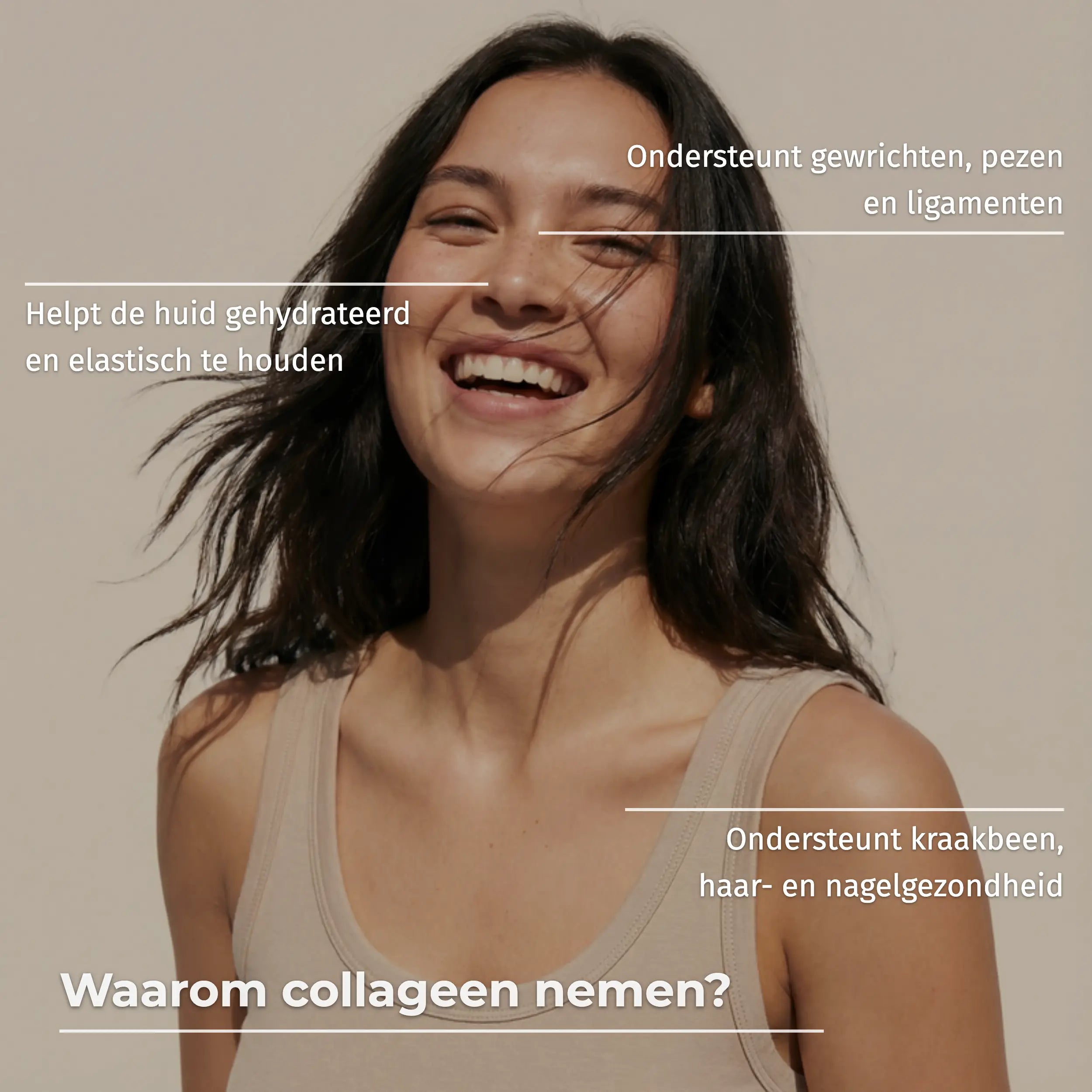 Een lachende vrouw in een beige top met tekst over de voordelen van collageen voor huid en gewrichten.