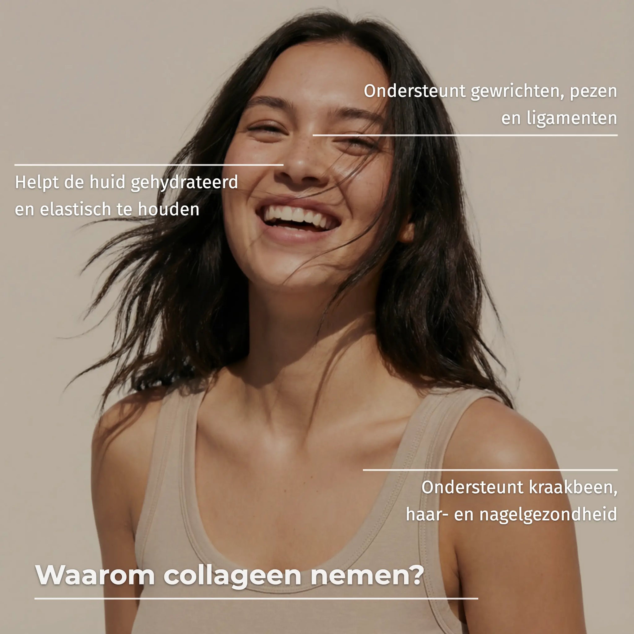 Een lachende vrouw in een beige top met tekst over de voordelen van collageen voor huid en gewrichten.
