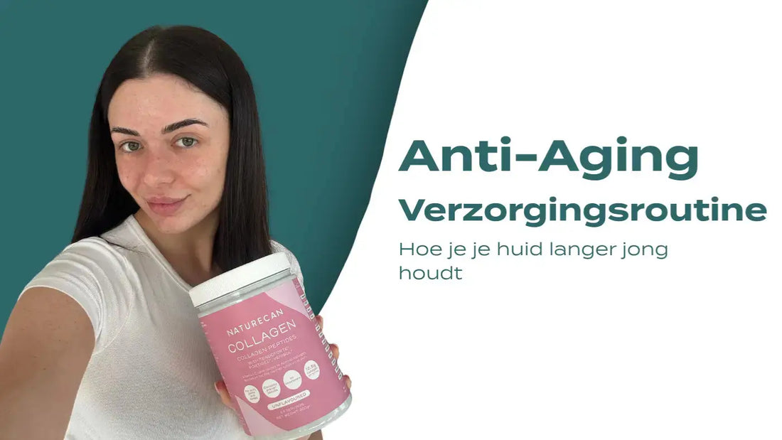 Brunette vrouw die collageenpeptiden van Naturecan vasthoudt