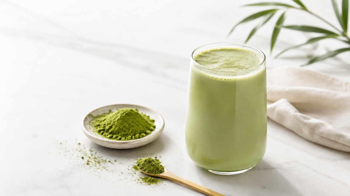 Glas matcha latte naast een schaaltje groen matcha poeder.
