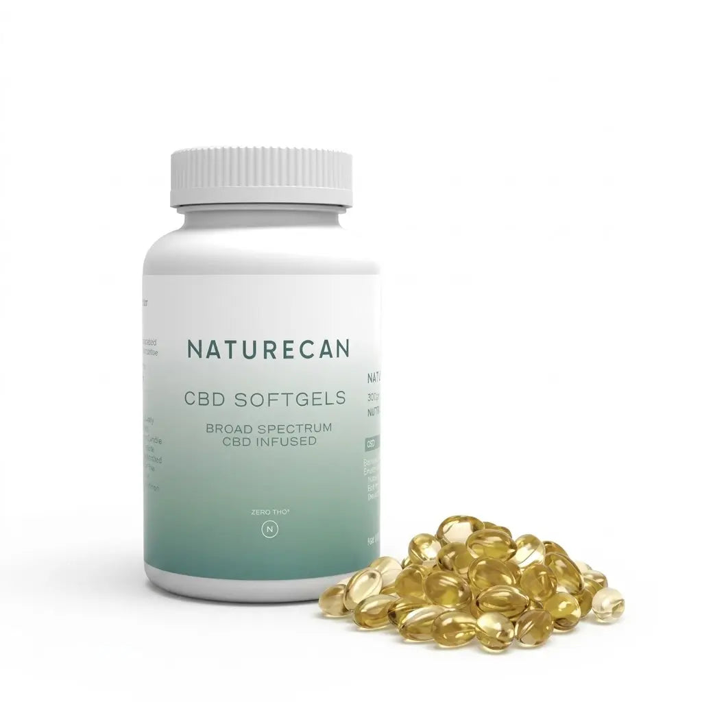NATURECAN CBD Softgels met een witte fles en een stapel gouden capsules op een neutrale achtergrond.