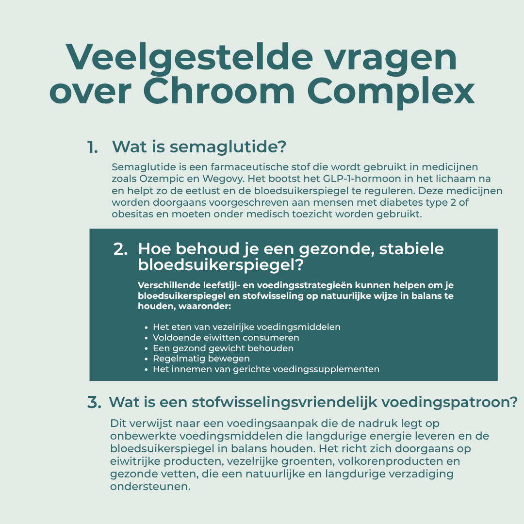 Infographic met veelgestelde vragen over het GLP-1 supplement en een gezonde levensstijl.