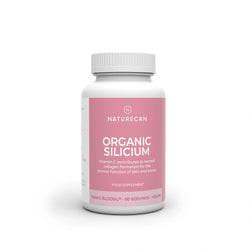 Witte fles met roze label van Silica Supplement (Bloosil), met vermelding van organisch silicium en vitamine C.