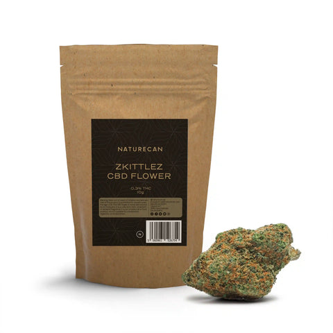 Zkittlez CBD Bloem in een bruine zak met een groene bloem op de voorgrond en een duidelijk etiket.