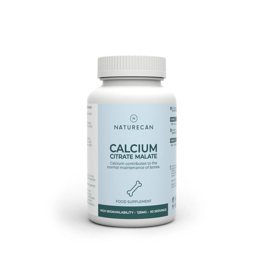 Wit potje Calcium Citrate Malate van Naturecan met informatie over botonderhoud en hoge biologische beschikbaarheid.