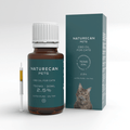 NATURECAN PETS CBD Olie voor Katten met een flesje van 750mg/30ml, doos en een spuit, met een kat afgebeeld.