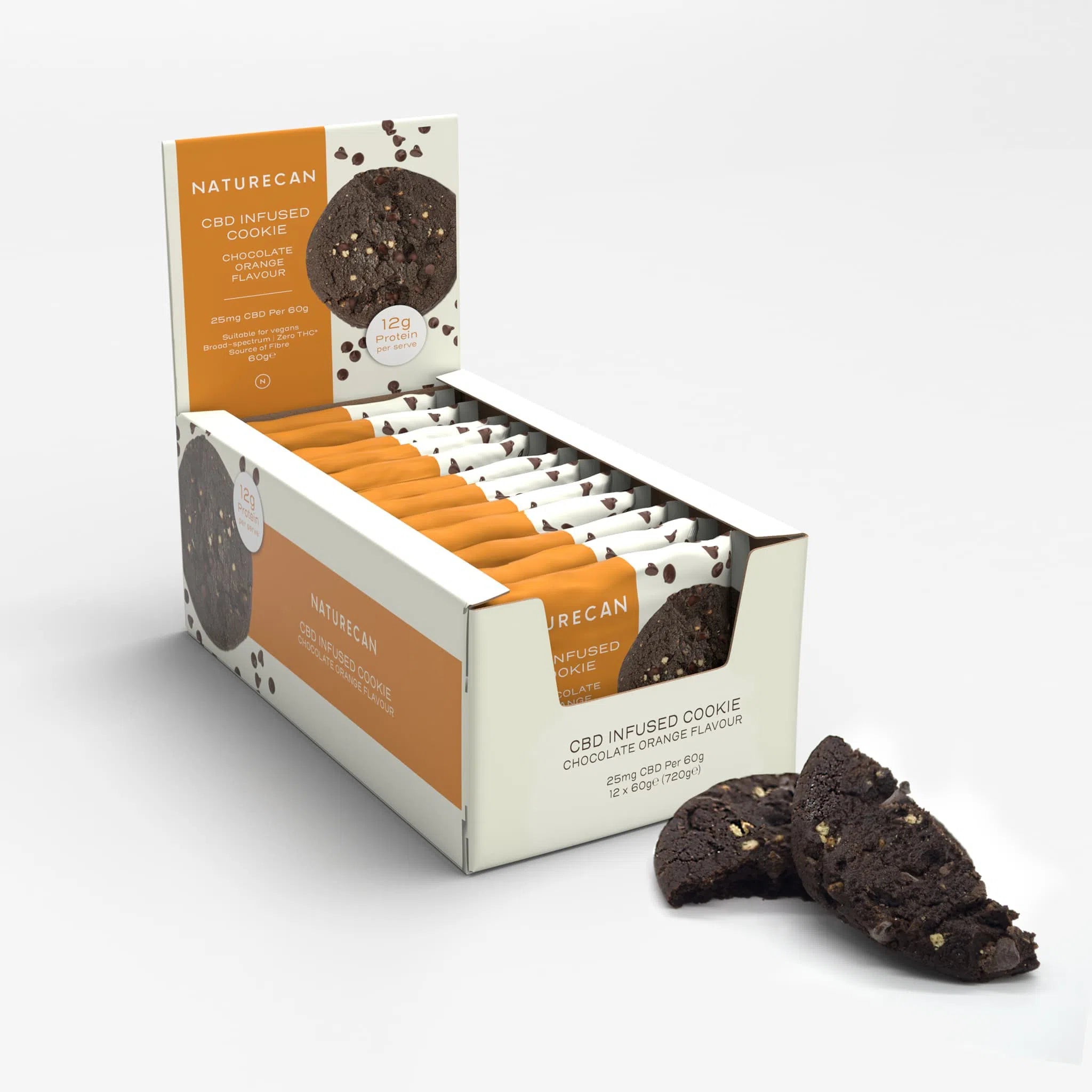 CBD Koekjes in een doos met oranje accenten en een afbeelding van een gebroken chocoladekoekje ervoor.