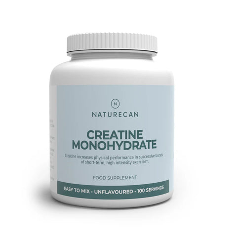 Witte pot Creatine Monohydraat met lichtblauw label en tekst over menggemak, smaakloosheid en 100 porties.
