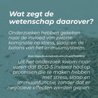 Tekst op groene achtergrond over de effecten van zwarte komijnzaadolie op stress en immuunsysteem.
