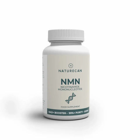 Fles Naturecan NMN Supplement met een DNA-icoon en 500mg dosering op het etiket.