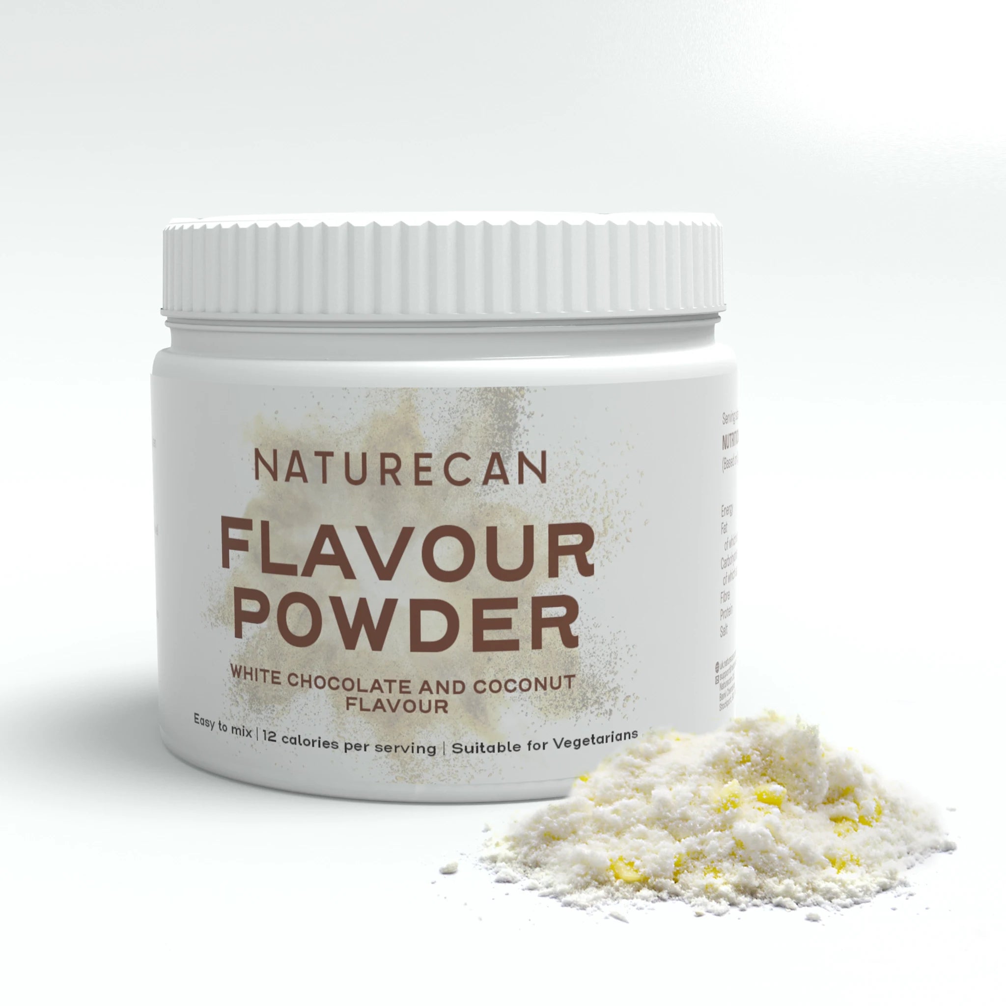 Naturecan Flavour Powder met witte chocolade- en kokosnootsmaak, in een witte pot met poeder ernaast gestrooid.