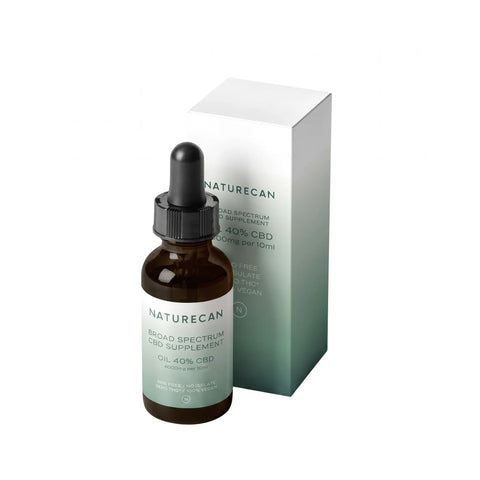 Flesje NATURECAN CBD Olie 40% (4000mg) met pipet voor een doosje met productinformatie.