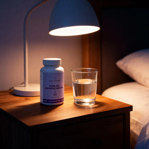 Fles KSM-66® Ashwagandha van NATURECAN op een houten nachtkastje met een glas water en een brandende lamp.
