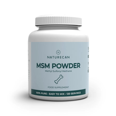 Een pot MSM Poeder van Naturecan met een lichtblauw label en een witte schroefdop.