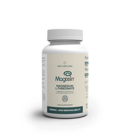 Witte fles met Naturecan Magnesium L-Threonate, 2000 mg en hoge biologische beschikbaarheid op het etiket.