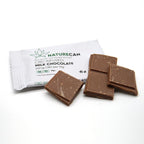 Verpakking van Naturecan CBD Chocolade met de tekst "CBD INFUSED MILK CHOCOLATE" en enkele stukjes melkchocolade.