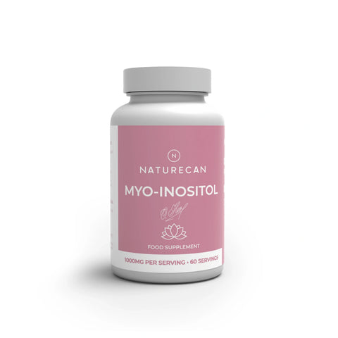 A white bottle of Naturecan Myo-Inositol food supplement with a pink label and a gray cap, shown on a white background with a soft shadow.