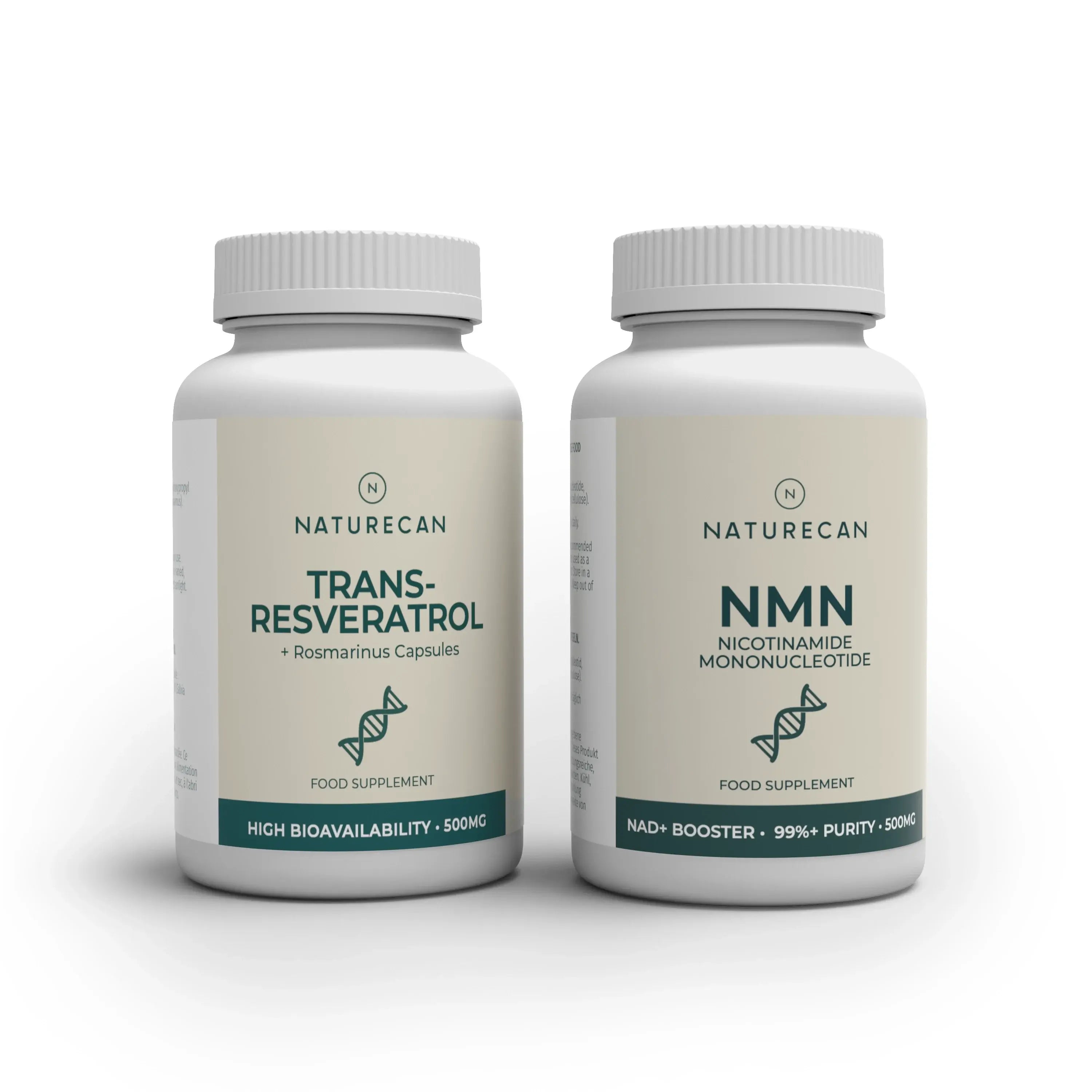 Twee witte potten van Naturecan met labels "Trans-Resveratrol" en "NMN" naast elkaar.