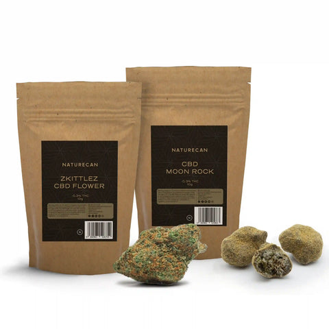 CBD Bloemen Premium Bundel met Naturecan verpakkingen en zichtbare CBD bloemen op de voorgrond.