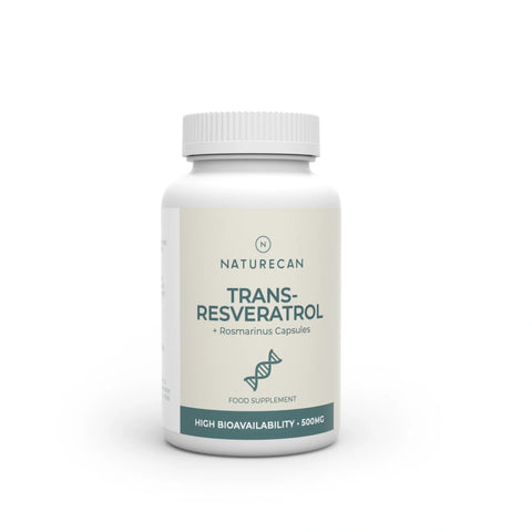 Naturecan Trans-Resveratrol capsules met een label dat 'Rosmarinus' en '500 mg' aangeeft.