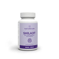Shilajit capsules met een lila label, vermeldt Ashwagandha, Piperine en vegan informatie.