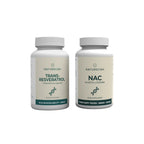 Twee witte potten van Naturecan met labels "Trans-Resveratrol" en "NAC" naast elkaar.