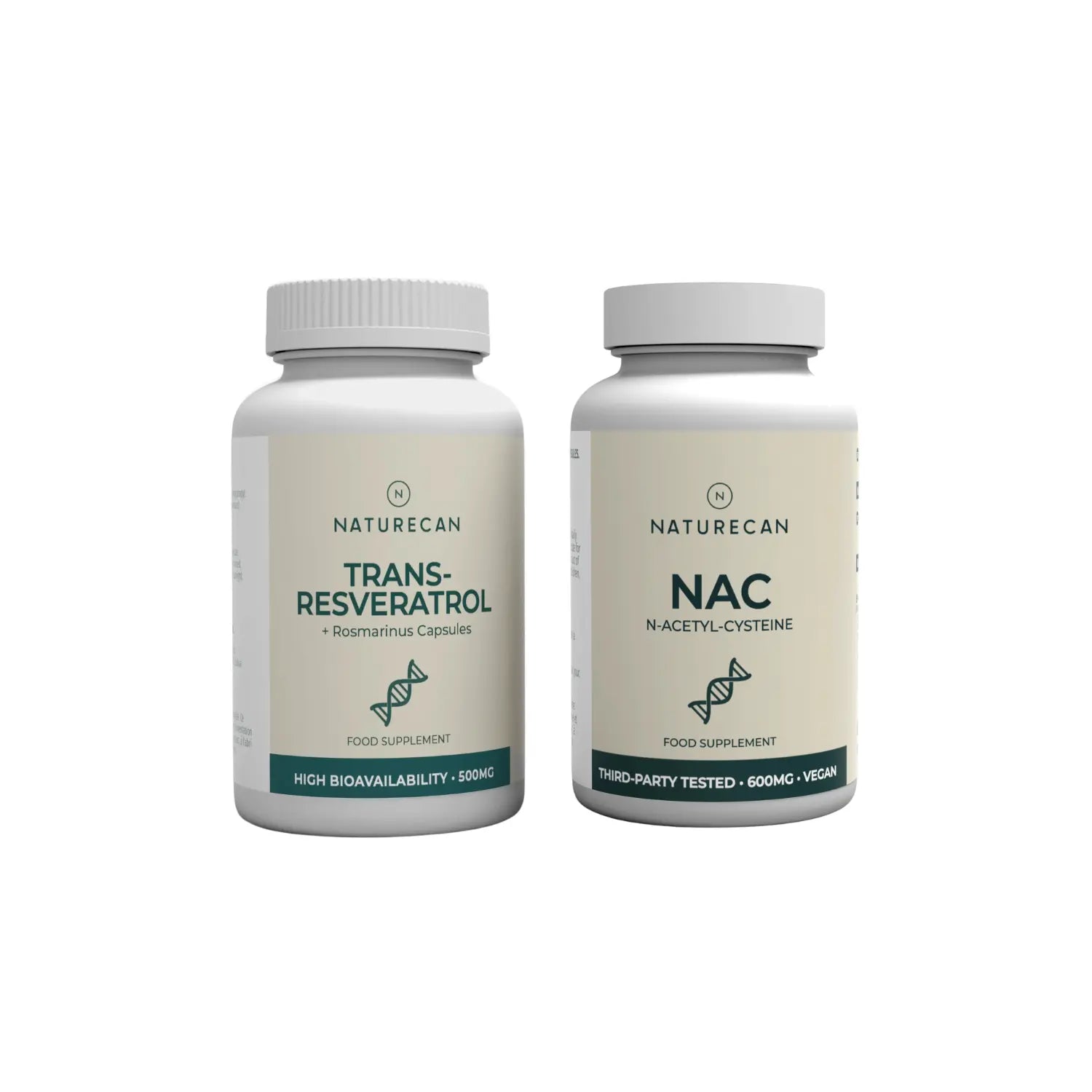 Twee witte potten van Naturecan met labels "Trans-Resveratrol" en "NAC" naast elkaar.