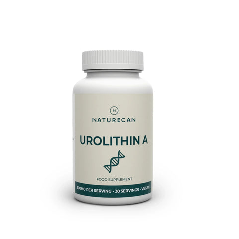 Witte fles van Naturecan met label "Urolithin A", DNA-icoon en details over 500mg dosering en vegan formule.