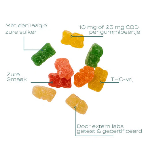 Kleurrijke Zure CBD Gummies met een laagje zure suiker en 10 mg of 25 mg CBD per gummibeertje.