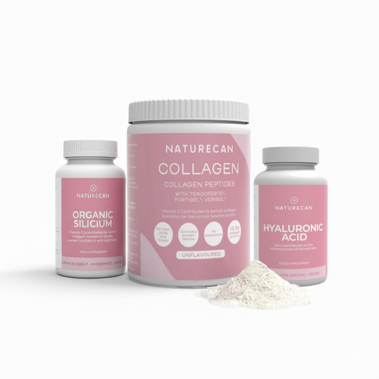 Complete schoonheidsset met Naturecan collagen, organic silicium en hyaluronic acid potten op een witte achtergrond.